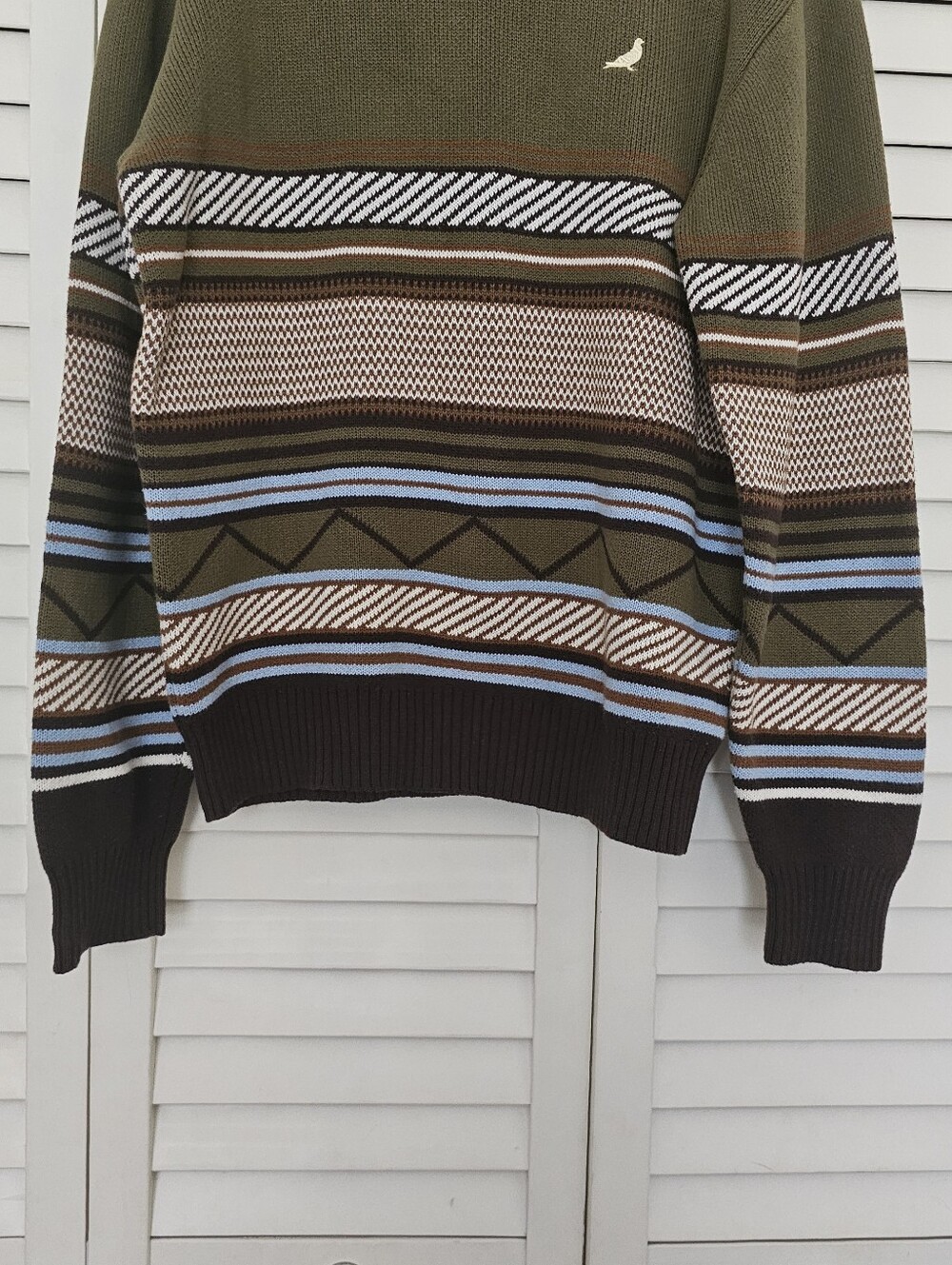 Staple Pigeon Macdougal Sweater Size L Olive Green Crew Neck Stripe Knit Mens - Picture 4 of 11